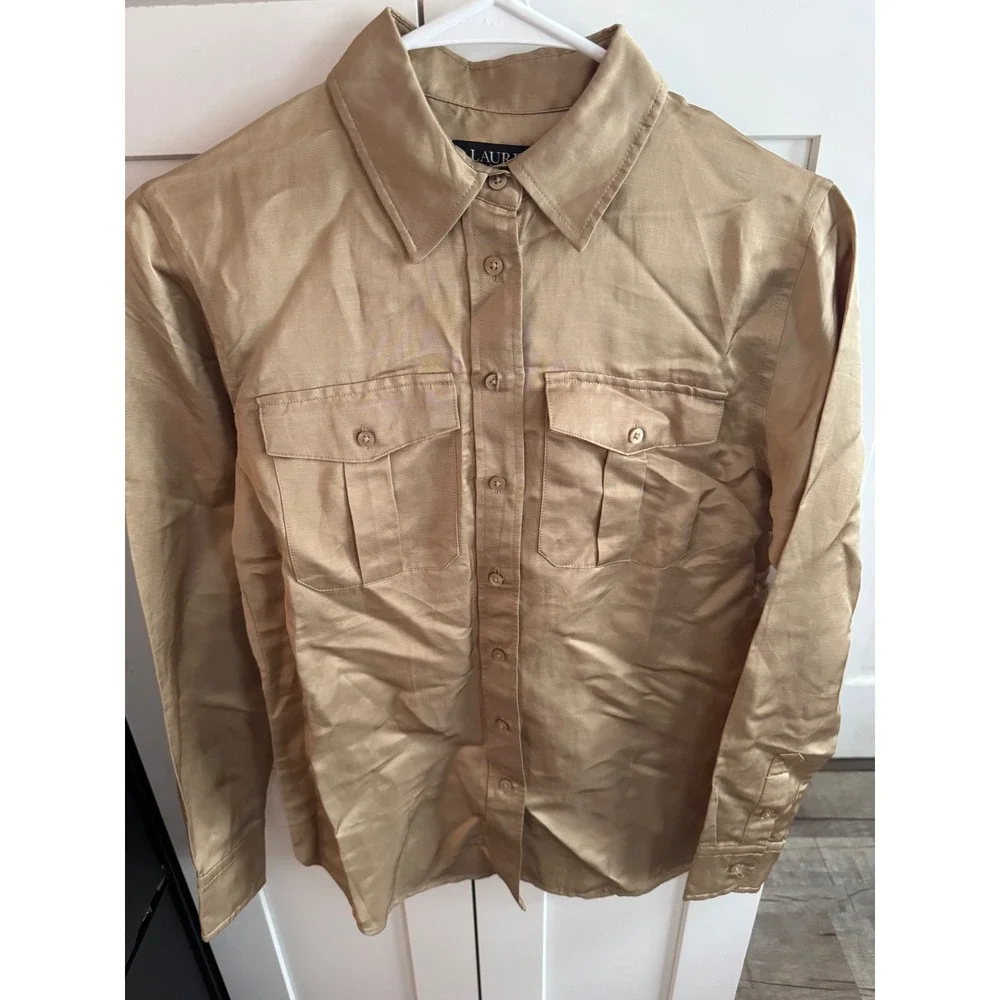 Lauren Ralph Lauren Gold Champagne Button Down Utility Shirt Blouse Petite Small
